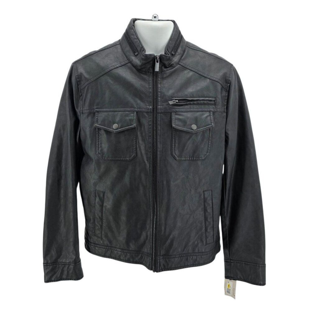NEW Kenneth Cole Reaction Mens Medium Jacket Faux Leather Black Lined Zipper